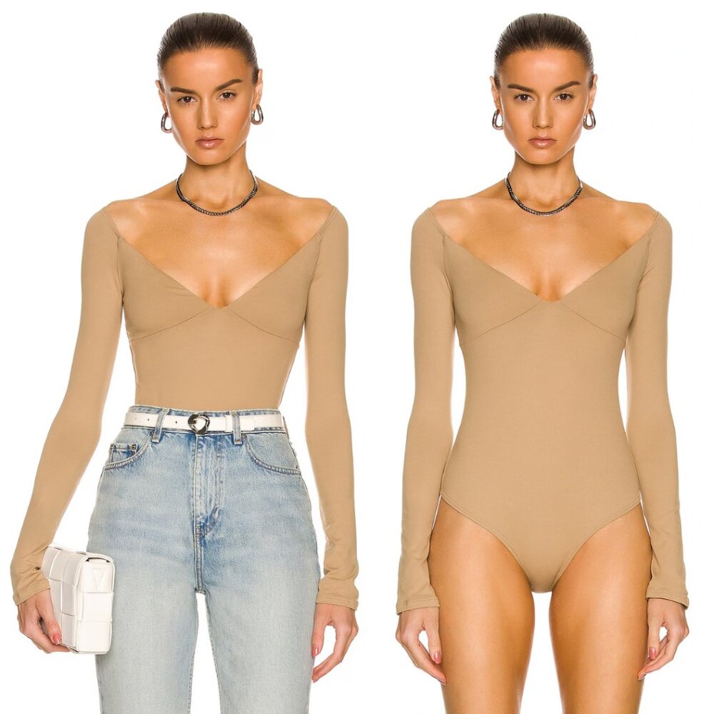 NWT Alix NYC Jansen Bodysuit Long Sleeves Wide V-Neck Size Medium In Tan